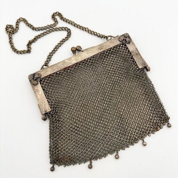 Antique German Silver Evening Bag w Chain Link Mesh Dropped Tassel Marked WJ Co - Picture 3 of 13